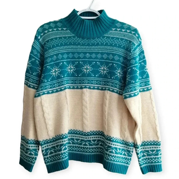 Vintage Fair Isle Fisherman Cable Knit Cotton Ramie Lambswool Sweater Medium - Picture 15 of 15